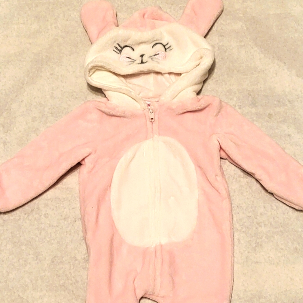 Soft pink plush bunny bunting suit